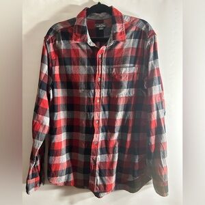 EDDIE BAUER MENS RED/GRAY/BLACK PLAID FLANNEL SHIRT 100% COTTON SIZE LARGE